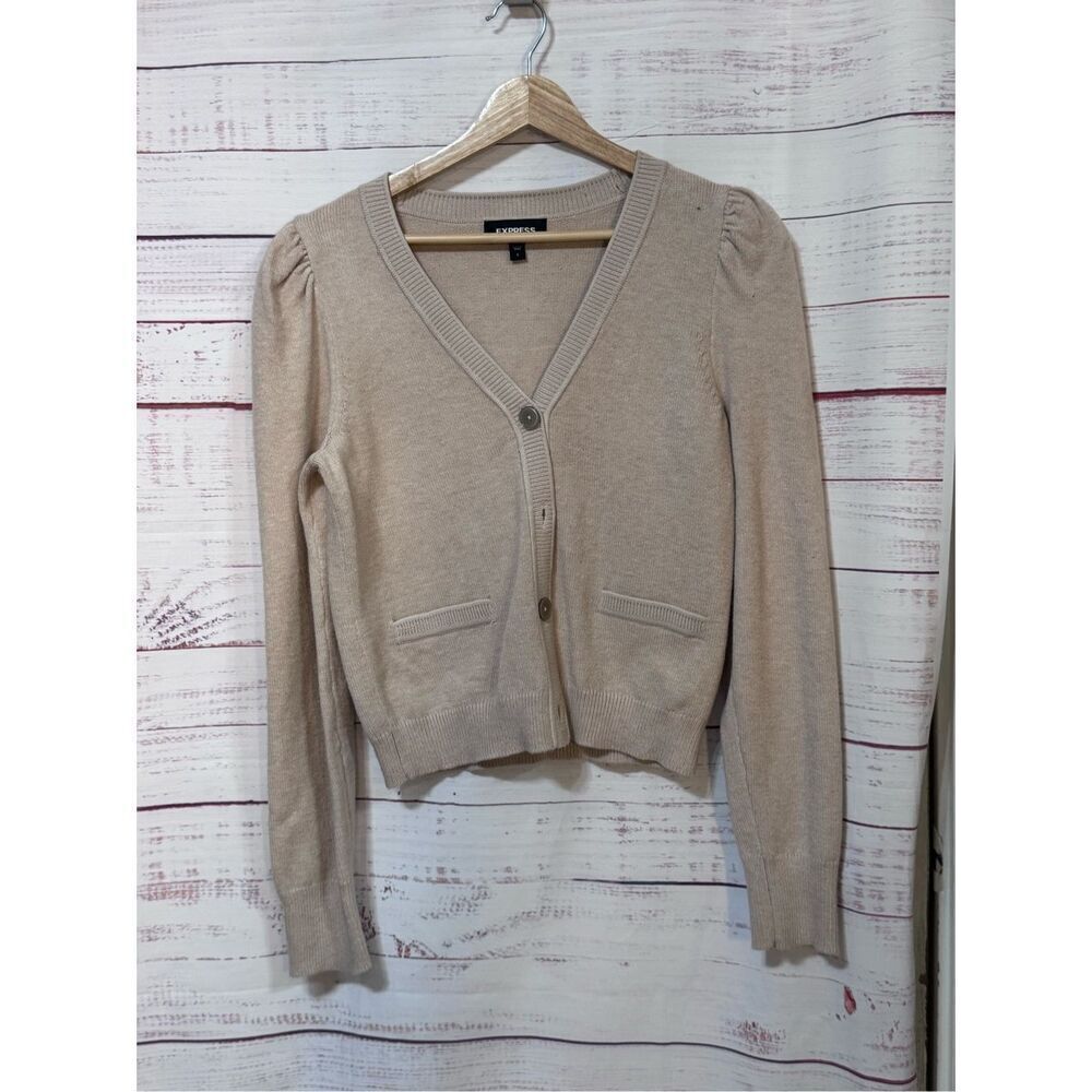 Express Cardigan Womens Size S V-Neck Puff Shoulder Sweater Stretch Knit